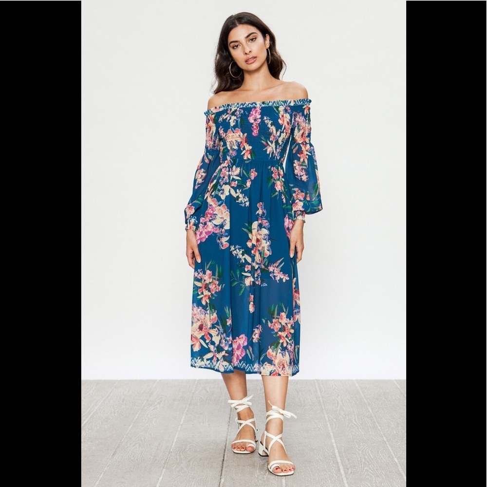 Off the shoulder smocked floral midi dress